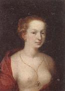 A Young girl in a state of undress,wearing a burgundy mantle,and a gold chain and pendant unknow artist